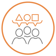 circle icon with three humanoid shapes with thought bubbles that contain a triangle, circle and square shapes to represent implementing cross-cutting collaboration.