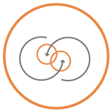 circle icon with a ying yang style symbol to represent saving time and costs to represent exploring complementary opportunities.