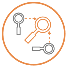 circle icon with three magnifying glasses to represent minimizing redundant research efforts.