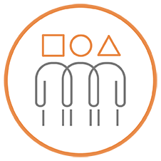 circle icon with a 3 humanoid shapes with one having a square head, another with a circle head and the last with a triangle head to represent engaging diverse stakeholders to coordinate R&D.