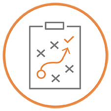 circle icon with a clipboard with x's and o's with an arrow pointing up towards an orange checkmark to represent addressing key technical challenges.