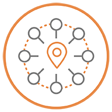 circle icon with an map pin in the center surrounded by smaller circles attached to short lines to represent facilitated data collection, sharing and analysis.