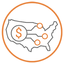 circle icon with an outline of the United States with a dollar sign inside a small circle with 3 lines leading out to small orange circles to represent completing national and regional assessments.