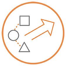 circle icon with an upwards arrow, square, circle and triangle inside the orange bordered circle to represent accelerating field deployment.