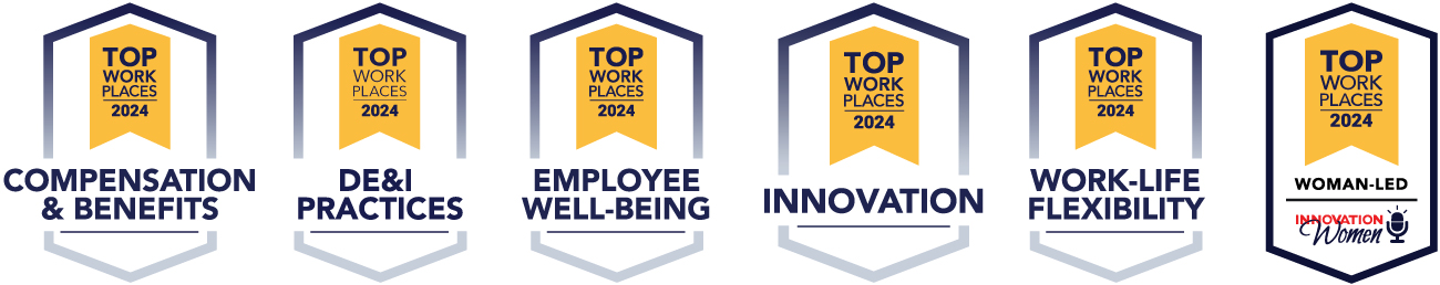 Top Workplaces Culture and Excellence Awards badges for 2024 include Compensation & Benefits, DE&I Practices, Employee Wellbeing, Innovation and Work-life Flexibility, Woman-led and Women Innovation.