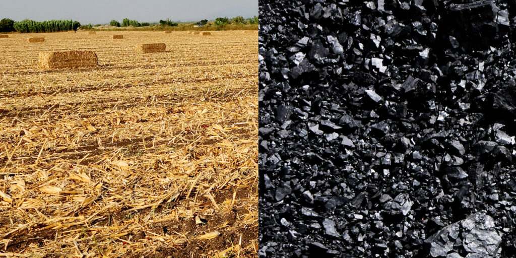 hay bales in a field side by side with large coal chunks representing a corn stover coal mix